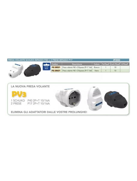 faeg 28621presa volante schuko p40 2p+t 10a 16a 2 prese p17 2p+t 10a 16a nera fg 28621