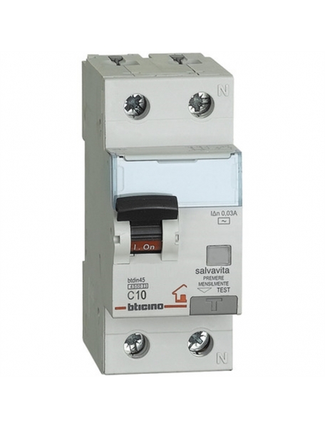 bticino btdin rs int magnetotermico differenziale 1p+n  4,5ka  0,03a tipo ac 2 moduli din 230v 10a bticino gc8813ac10