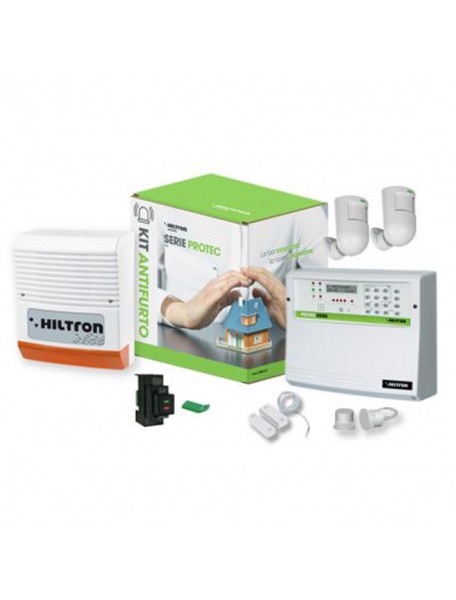 kit antifurto via filo hiltron con centrale 4 zone gsm sirena contatti rivelatori lettore di prossimita' KPROTEC4GSM