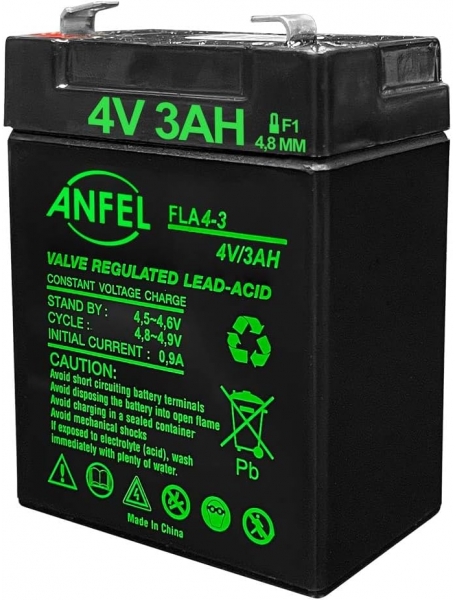 Batteria ricaricabile al piombo 4v 3ah attacchi faston f1 4,8mm meg6v3a
